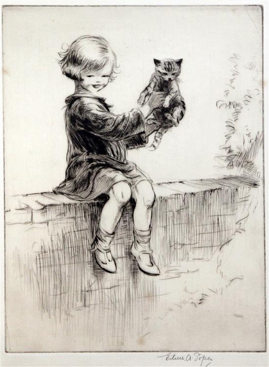 Eileen A.Soper (1905-1990) Girl with a cat Felix seated upon a wall, 8.75 x 6.75in.